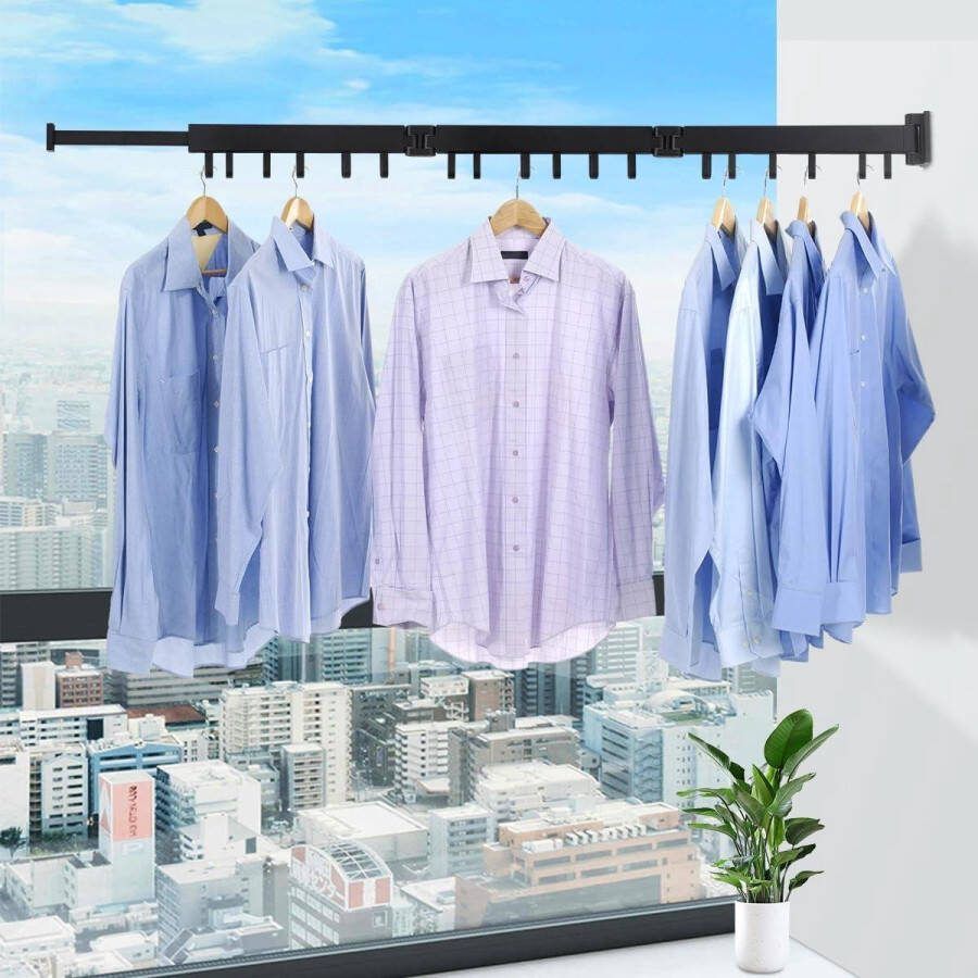 Uittrekbaar droogrek 120 cm ruimtebesparend inklapbaar zwart 18 haken wasdroger handdoekhouder balkon slaapkamer wasrek