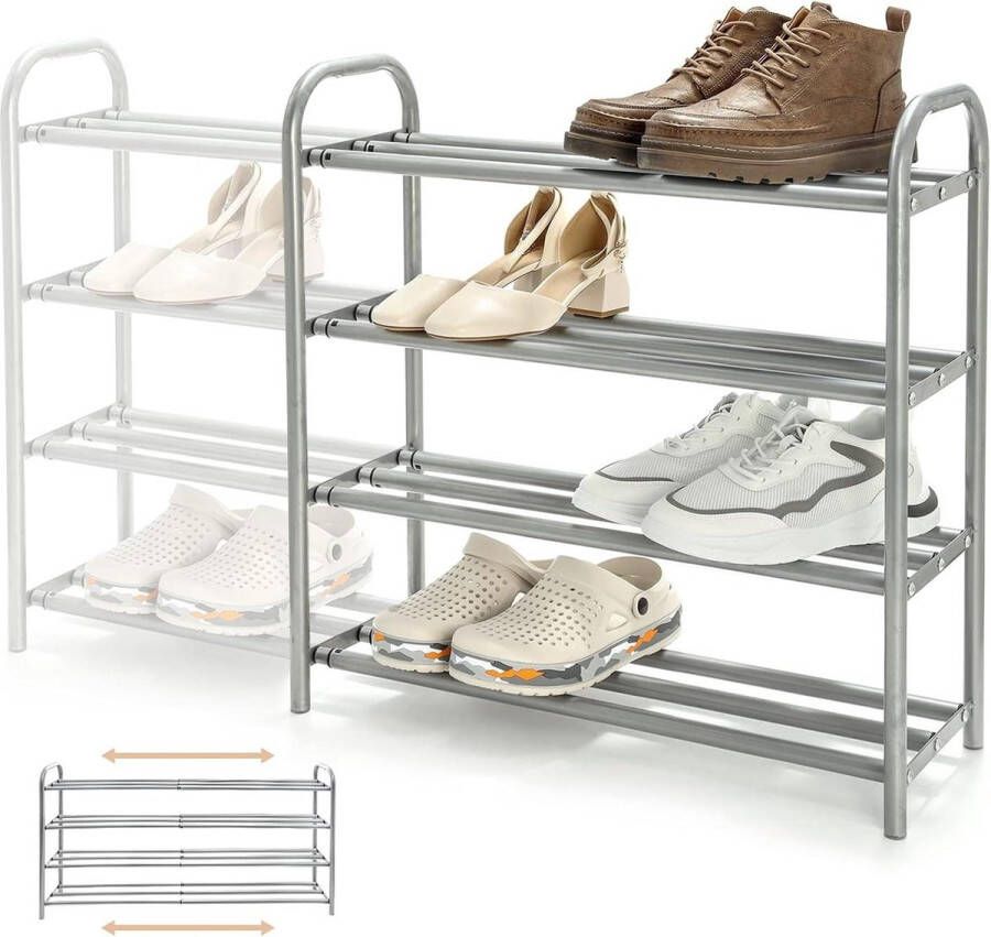 Uittrekbaar schoenenrek met 4 planken sterk en duurzaam 20 paar schoenen 60-100 x 225 x 615 cm