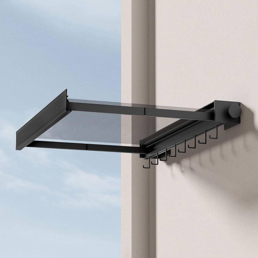 Uittrekbaar wanddroogrek zwart 68 x 435 x 8 cm geschikt voor balkon en badkamer 8 haken