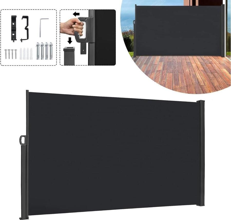Uittrekbaar zonnescherm inkijkbescherming windscherm luifelstof vloermontage balkon en terras 180 x 300 cm antraciet. windscherm oprolbaar