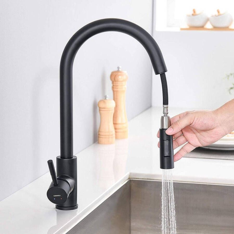 Uittrekbare hogedruk keukenkraan 360 graden draaibare mengkraan met douche 2 waterstraalsoorten matzwart