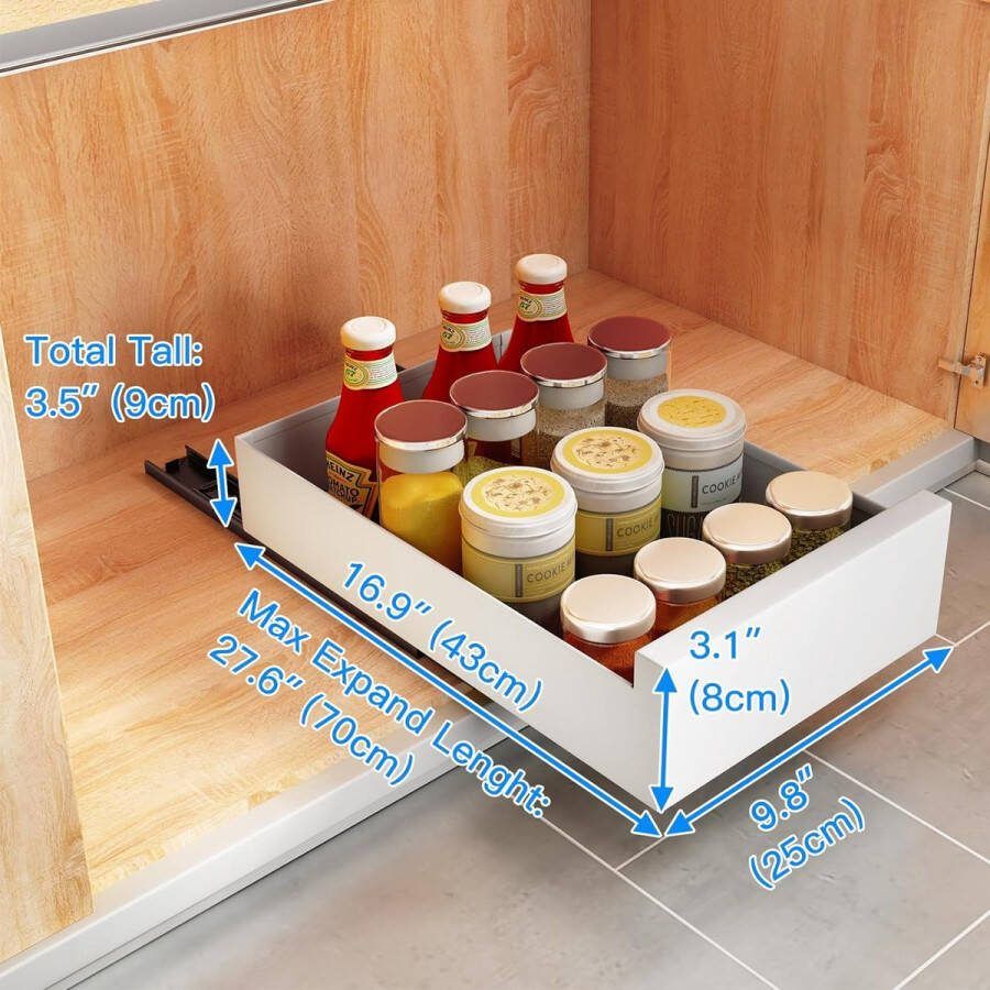 Uittrekbare kast-organizer uitschuifbare lade opbergplanken voor keukenkast uitschuifbare schuiflade (25 cm B x 43 cm D x 9 cm H) boren en vastspijkeren niet nodig (wit)