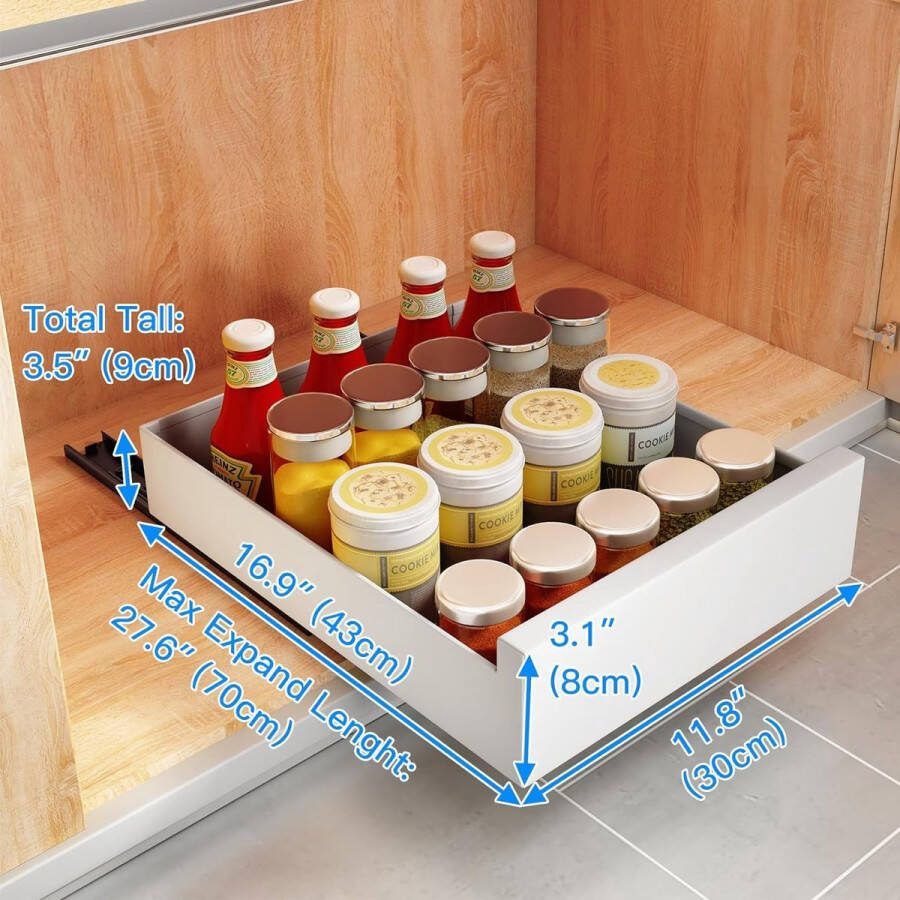 Uittrekbare kast-organizer uitschuifbare lade opbergplanken voor keukenkast uitschuifbare schuiflade (30 cm B x 43 cm D x 9 cm H) boren en vastspijkeren niet nodig (wit)