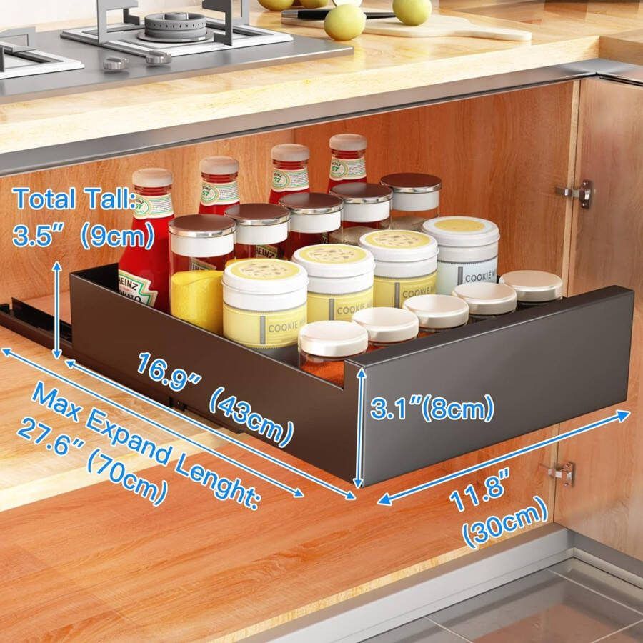 Uittrekbare kast-organizer uitschuifbare lade opbergplanken voor keukenkast uitschuifbare schuiflade (30 cm B x 43 cm D x 9 cm H) boren en vastspijkeren niet nodig (zwart)