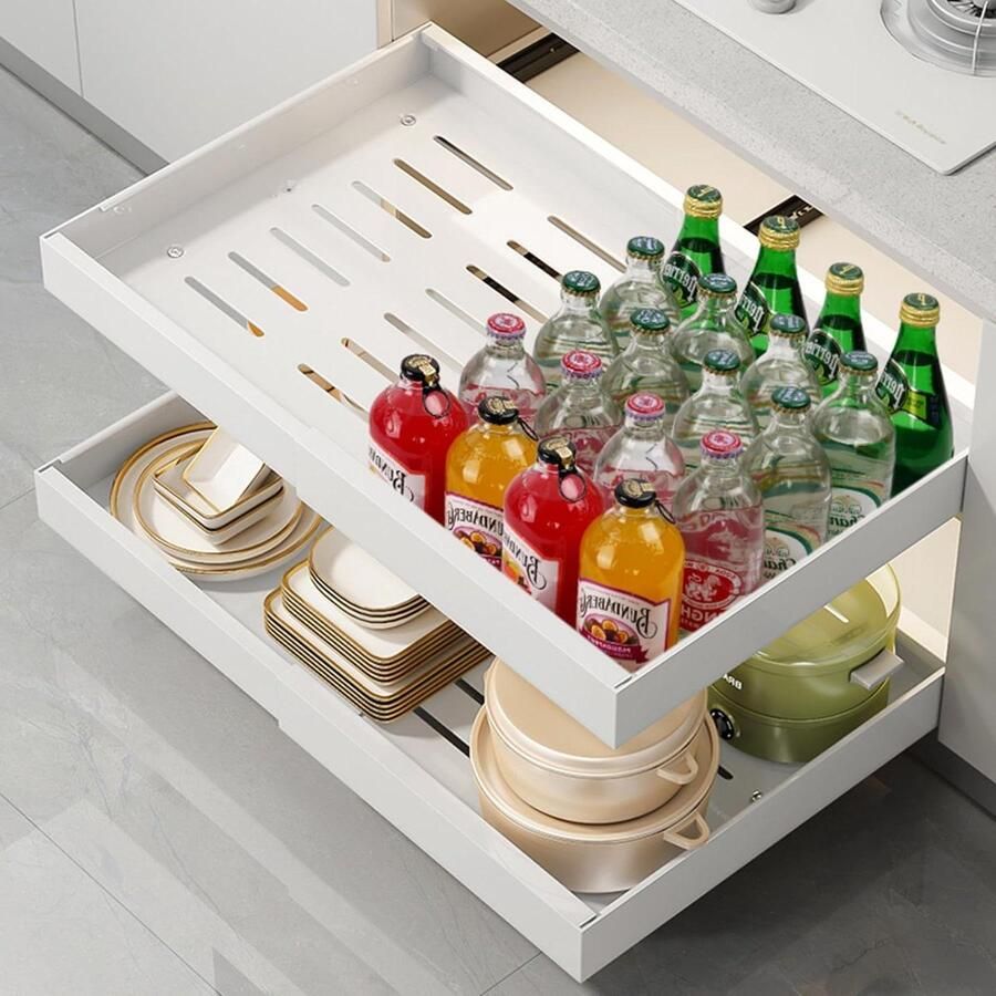 Uittrekbare kastorganizer 32-52 W x 42 l x 7 H Keukenkast organizer met robuuste lade Telescopische lade voor keuken Uittrekbaar Geen boren en spijkeren nodig Keukenkast organizer