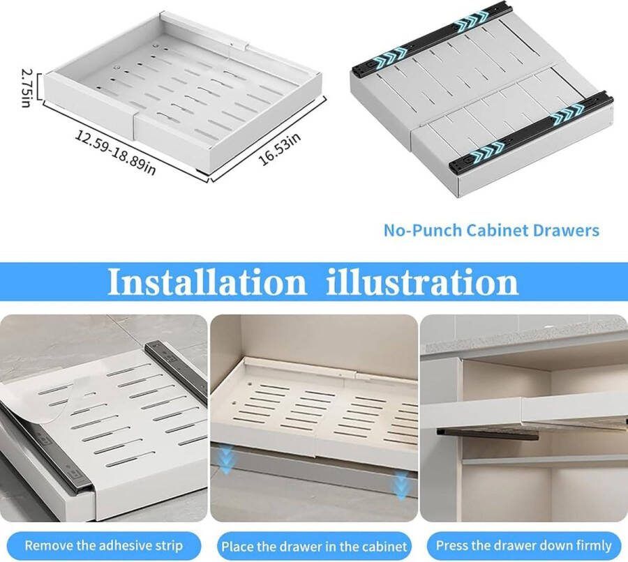 Uittrekbare keukenkast-organizer met verstelbare breedte (32-48 cm) Uittrekbare laden en opbergplanken Keukenkast organizer