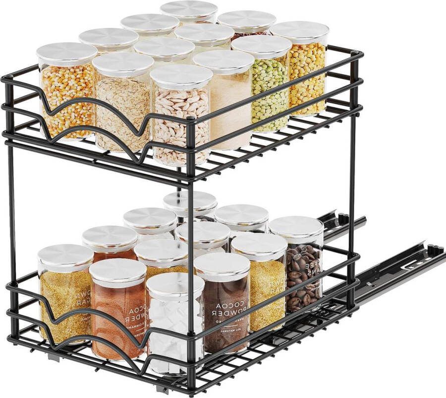 Uittrekbare kruidenrek organizer 2-laags schuifdraadlade mat zwart robuuste uitschuifbare kruidenkeukenorganizer Keukenkast organizer