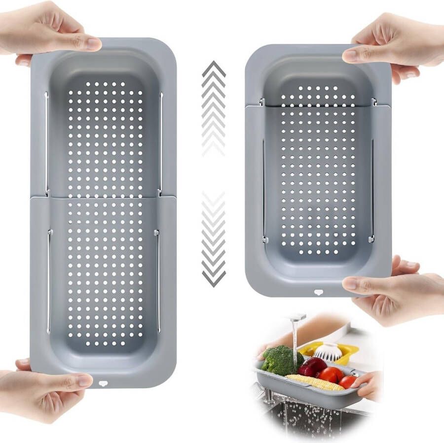 Uittrekbare zeefmand boven de gootsteen zeef voor spoelbakken groenten en fruit wassen gekookte pasta afdruipen keukengerei fruit wassen BPA-vrij (grijs 34 cm ~ 47 cm)