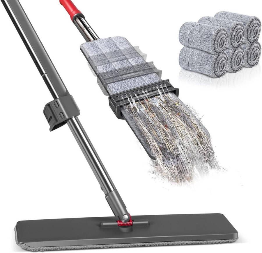 Uitwringbare Dweilmop met Microvezel Roestvrijstalen Handgreep Rechtopstaande Flat Mop voor Hardhout Laminaat Tegels 6 Herbruikbare Wisserpads