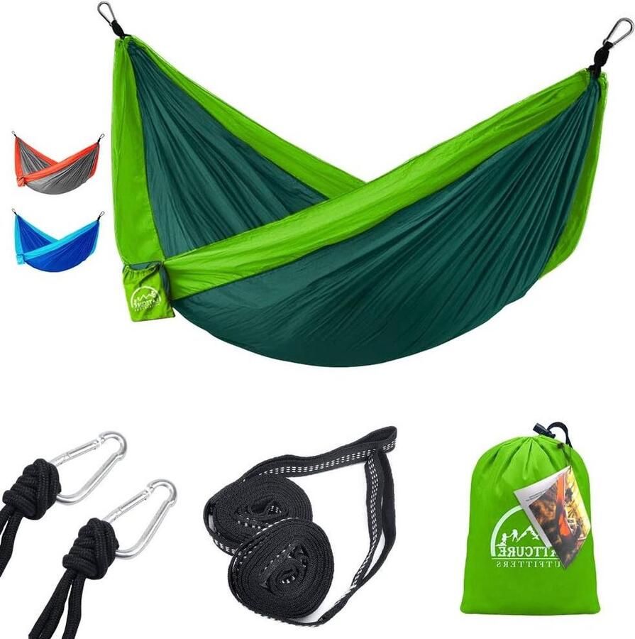 Ultralichte campinghangmat 300 kg draagkracht ademend sneldrogend parachutenylon premium karabijnhaken lussen binnen en buiten 275 x 140 cm tuin groen hangmat 2 person