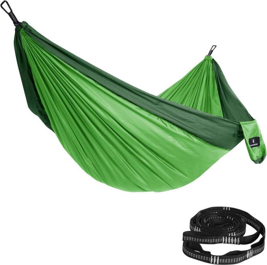 Ultralichte hangmat voor 2 personen ripstop-nylon 300 kg belastbaar 300 x 200 cm groen-donkergroen voor rugzakreizen kamperen wandelen