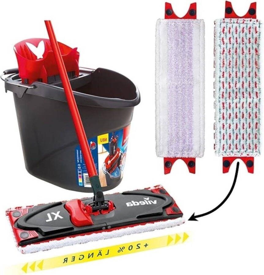 ULTRAMAX XL vloerwisser set met gevoelige overtrek dweilsteel 2 hoezen emmer powerpress Vileda 4023103236752 mop and bucket set