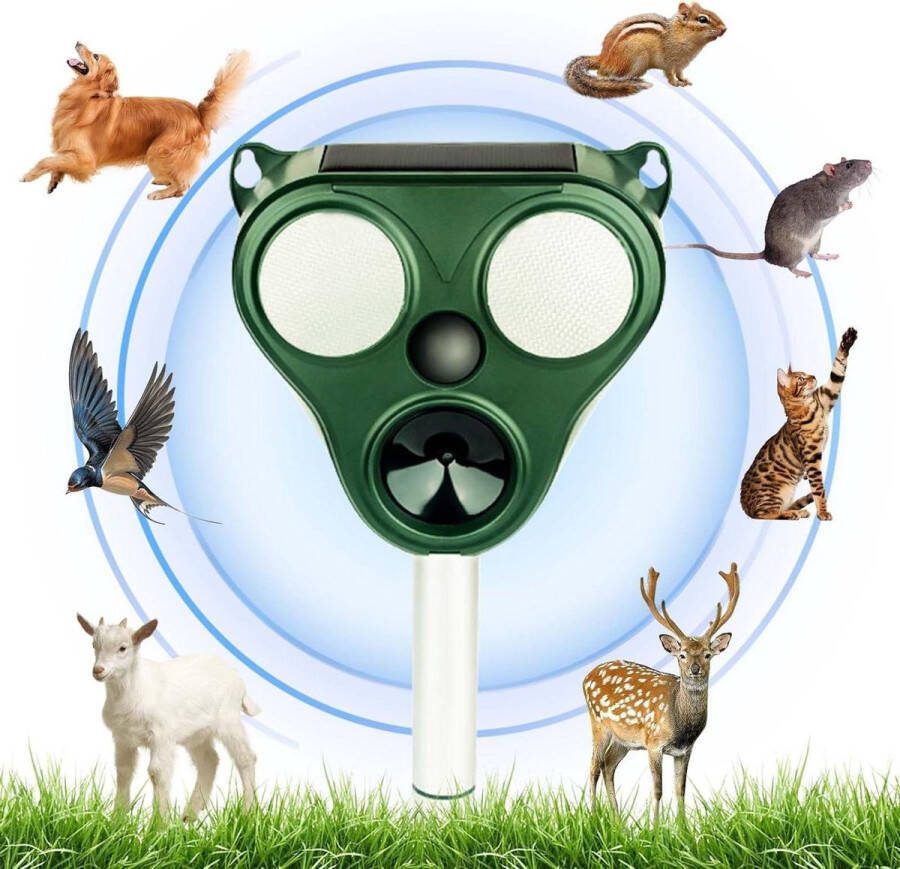 Ultrasone kattenafschrikking op zonne-energie voor dieren buitenshuis tuin duiven vogels honden katten muizen vossen 5 instelbare modi