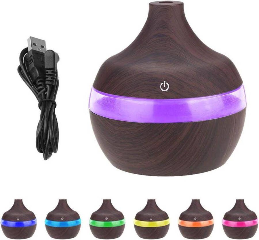 Ultrasone luchtbevochtiger 300ML Diepe houtnerf etherische olie Cool Air Mist Geurverspreider Kleurrijk LED-nachtlampje met USB-kabel voor thuiskantoor Auto Spa Yoga Babykamer