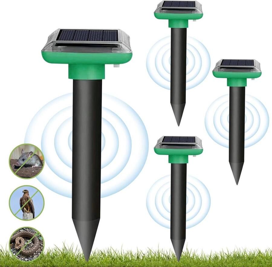 Ultrasone Solar Mole Repellent met Aan Uit-Schakelaar Verdrijven van Woelmuizen Ongediertebestrijding Wasbeerafweer 4 Stuks Mollenverjager