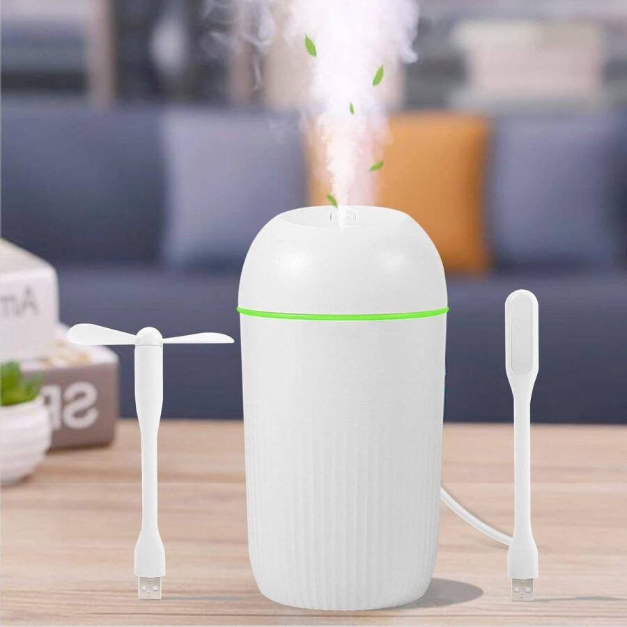 Ultrasone USB Desktop Mini Luchtbevochtiger 420ML-Kleurrijke Cooler Nachtlicht-Wit+Ventilator+Leeslamp