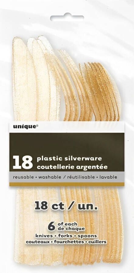 Unique Party 63650 Gold Glitter Plastic Bestekset voor 6 gasten (18 stuks)