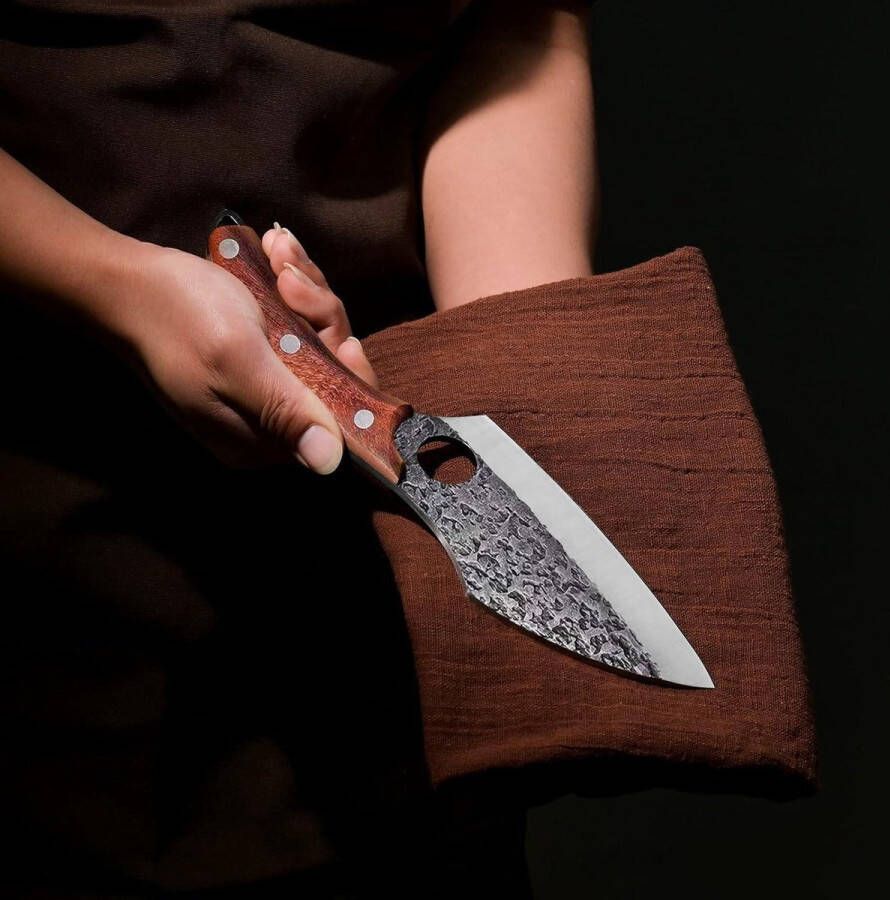 Universeel handgesmeed keukenmes voor alle doeleinden anti-aanbak damaststijl houten handvat lederen schede slagersmes bruin