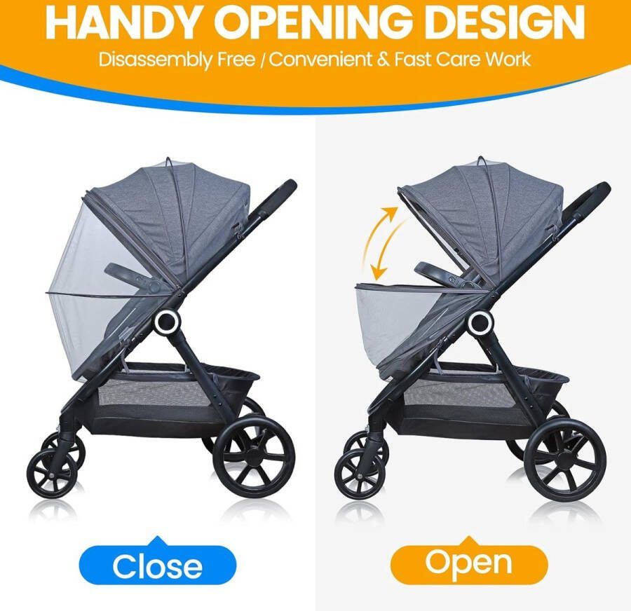 Universeel Klamboes voor Kinderwagen Duurzaam Muggennet voor Wandelwagen met Rits Stabiel Muskietennet voor Buggy met Elastische Rand Kwaliteitsdicht Gaas Sterke Steun (Donkergrijs)