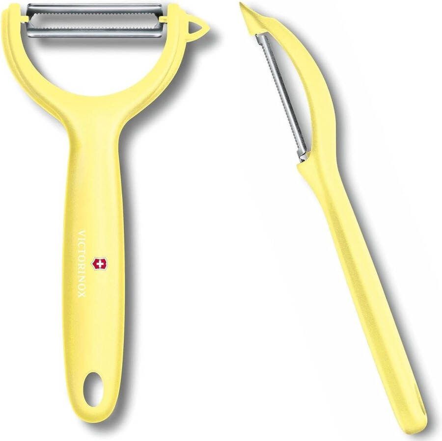 Universele dunschiller duo-pak voor groenten en fruit extra scherp gekarteld lemmet tweesnijdend ergonomische handgreep Limited Edition lichtgeel
