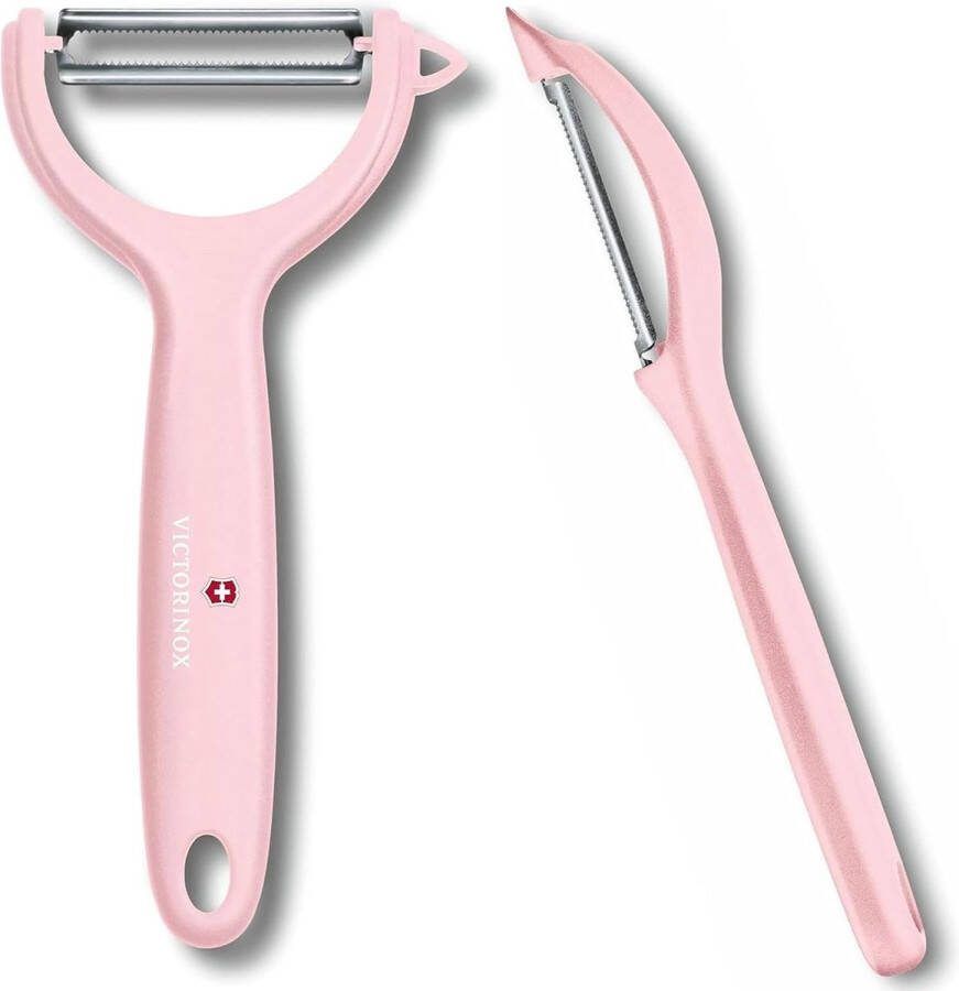 Universele dunschiller duo-pak voor groenten en fruit extra scherp gekarteld lemmet tweesnijdig ergonomische handgreep Limited Edition roze