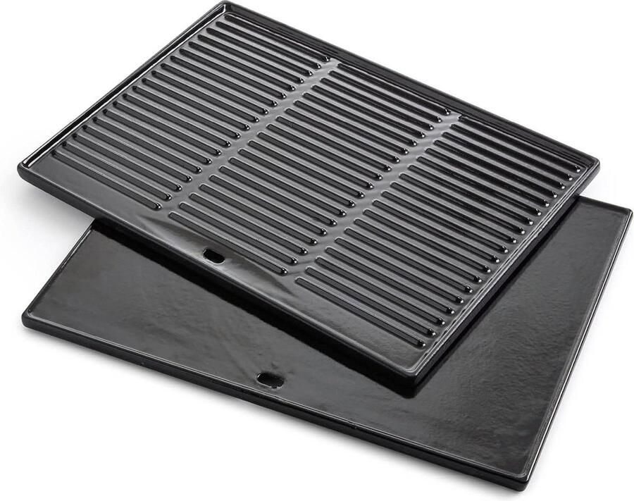 Universele gietijzeren grillplaat vlakke en geribbelde kant gasbarbecue rechthoekig 43 x 35 cm Grilplaat