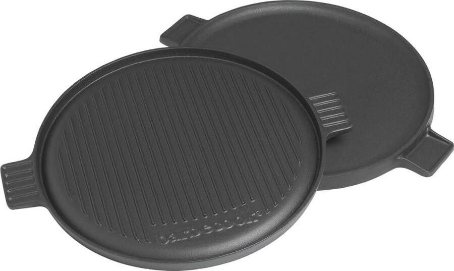 Universele grillplaat gietijzer met platte en geribbelde kant rond 36 cm