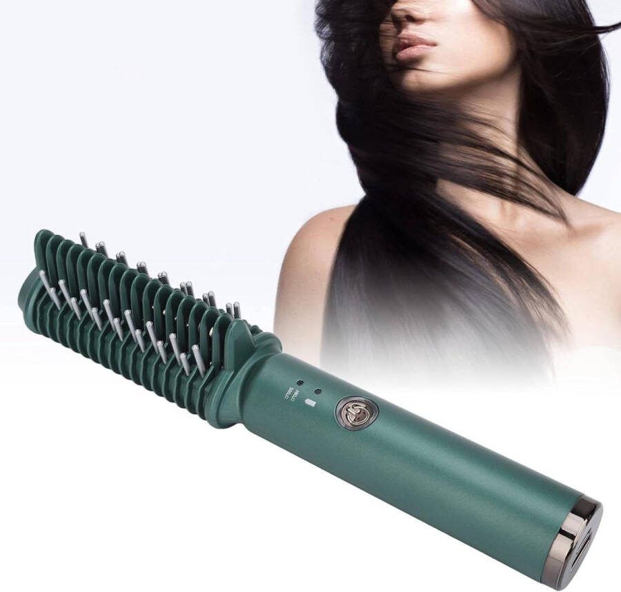 USB Oplaadbare Draadloze Stijltang Kam Verwarmde Haar Styling Borstel Groen