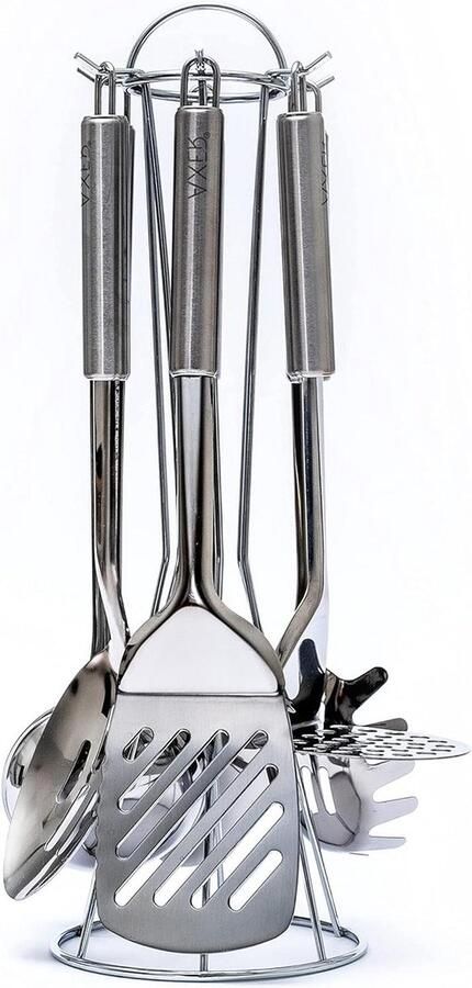 Utensil Set met standaard 6 stuks Kookgerei Set Stevige & Gegroefde Lepels Pollepel Keukengerei Draaier Pasta Server Aardappel stamper Vaatwasmachinebestendig