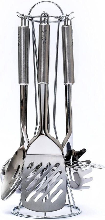 Utensil Set met standaard 6 stuks Kookgerei Set Stevige & Gegroefde Lepels Pollepel Vaatwasmachinebestendig Zilver
