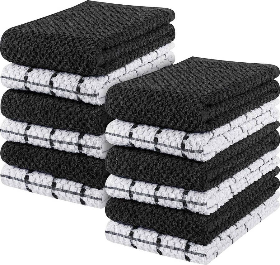 Utopia Towels 12 Keuken Handdoeken Set 38 x 64 cm 100% Ring Gesponnen Katoenen Superzacht en Absorberend Schotelantennes Theedoeken en Barkrukken Handdoeken (Zwart en Wit)