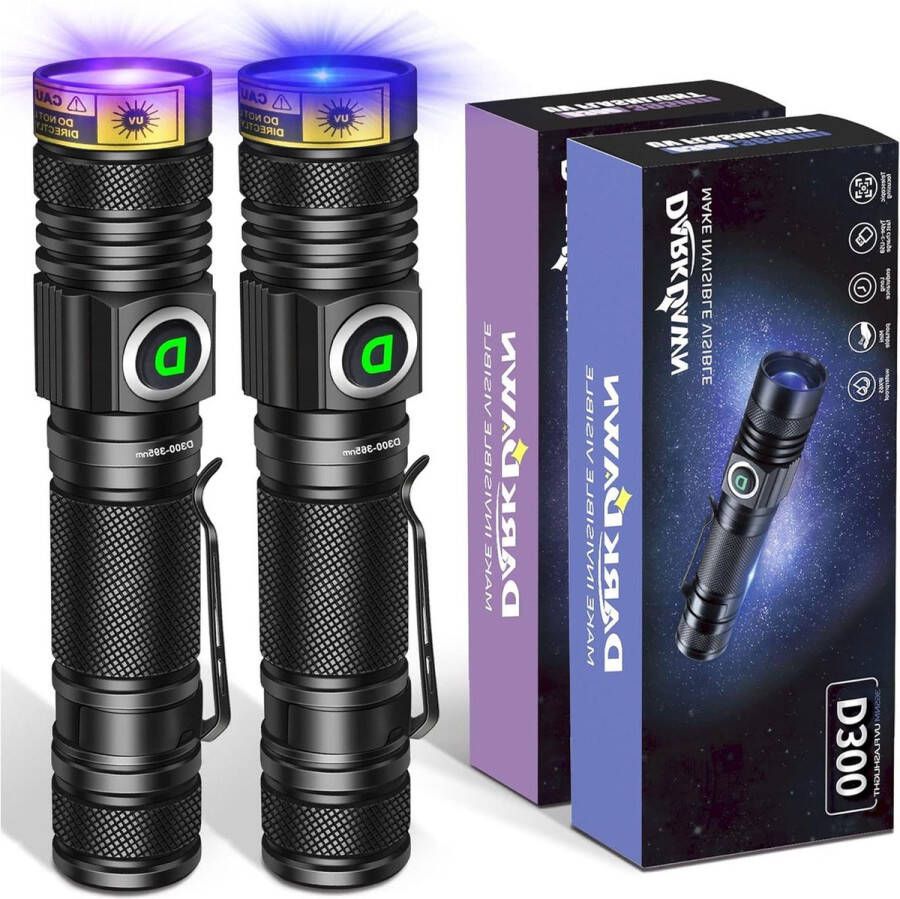 UV Zaklamp 365nm 395nm USB Oplaadbaar Ultraviolet LED Zwart Licht 10W Woods Lamp Detector Huisdier Urine Vlekken Fluorescerende Uranium Glas Geld Resin Epoxy D300 2 Pak