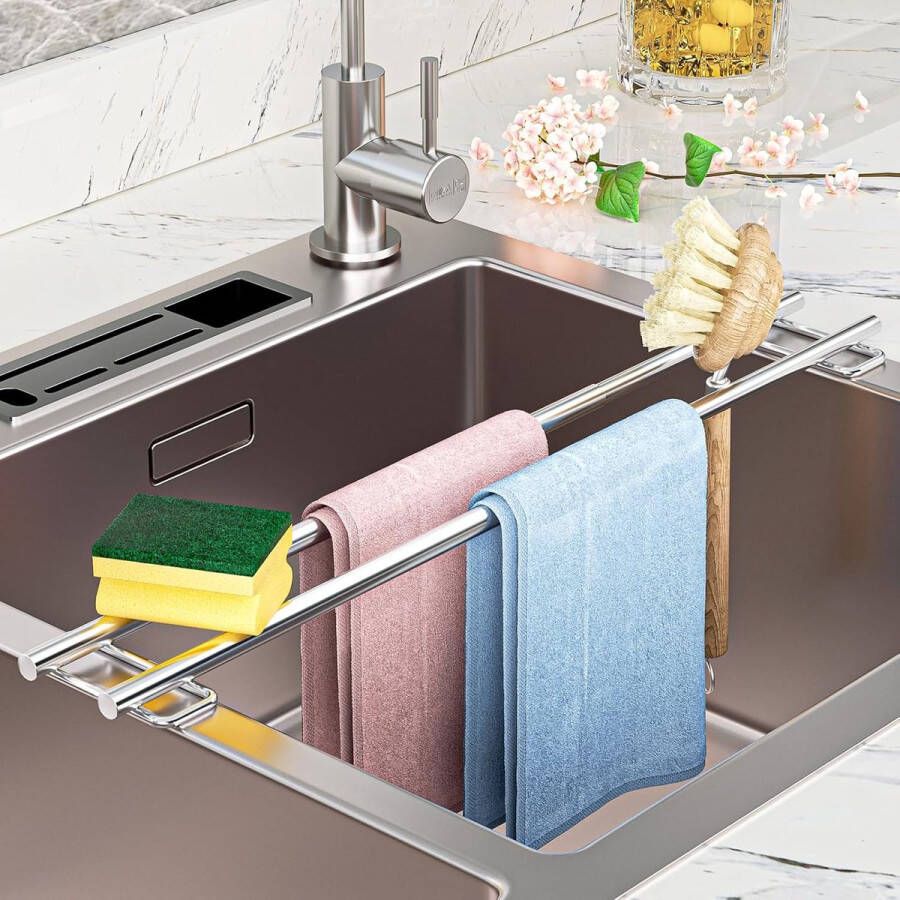 Vaatdoekhouder voor spoelbakken multifunctionele spoelbakorganizer schaalbaar afdruiprek roestvrijstalen spoelbakafdruiprek sponshouder vaatdoekhouder doekhouder voor aanrecht
