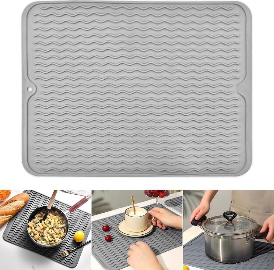 Vaatdroogmat 40 x 30 cm siliconen vaatdroogmat gootsteen antislip vaatdroogmat hittebestendige siliconen spoelbakmat voor optimale waterafvoer bestekopslag (grijs)