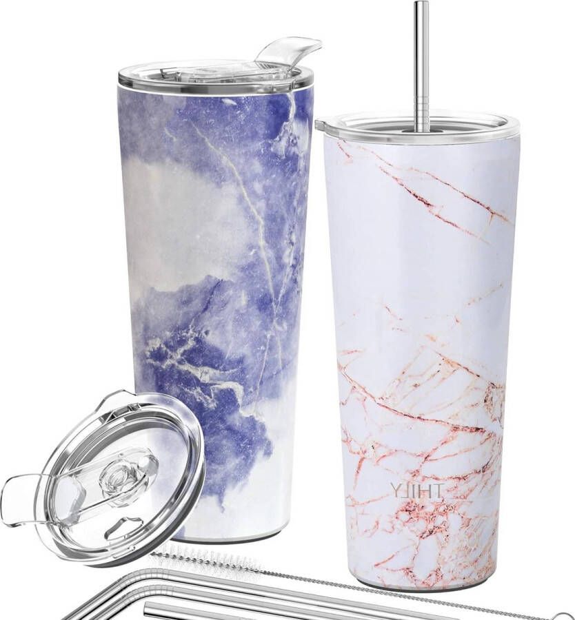 Vacuüm-geïsoleerde reisbeker 780 ml drievoudig geïsoleerd roestvrijstaal set van 2 goud marmer + blauw marmer