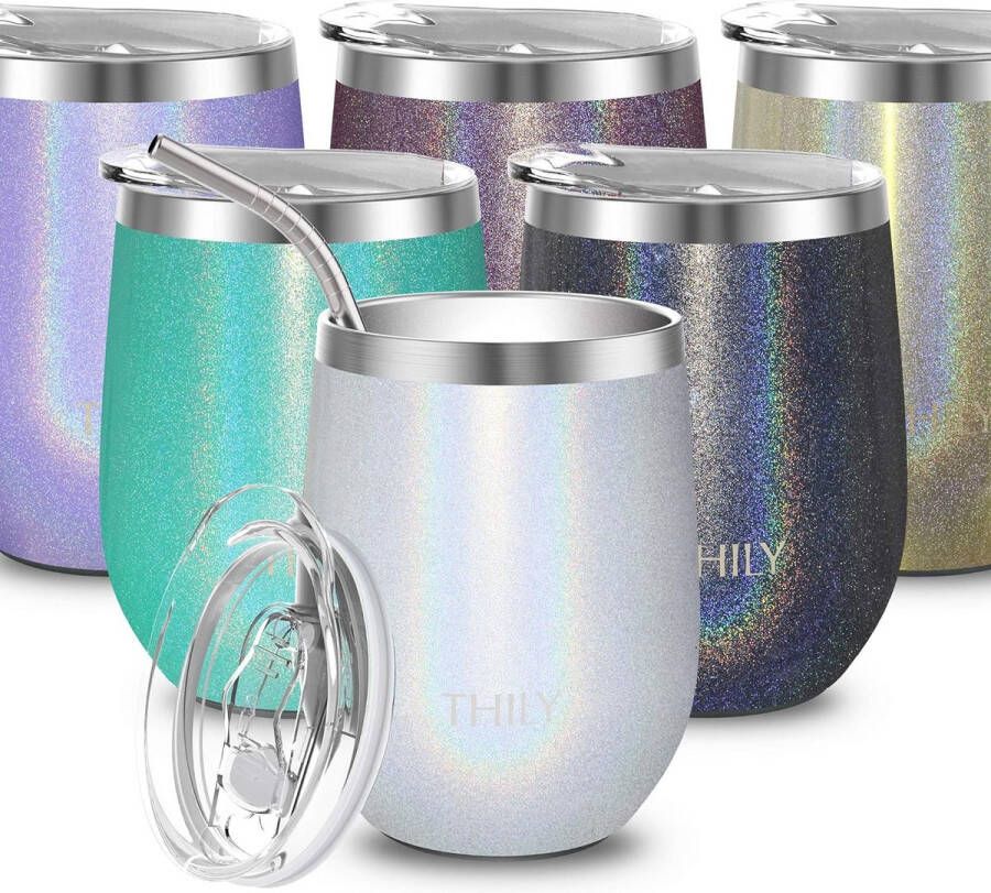 Vacuüm geïsoleerde roestvrijstalen reiswijntumbler 12oz stemloos met schuifdeksel Herbruikbare rietje siliconen basis houdt koud voor cocktailbier ijskoffie glitter wit
