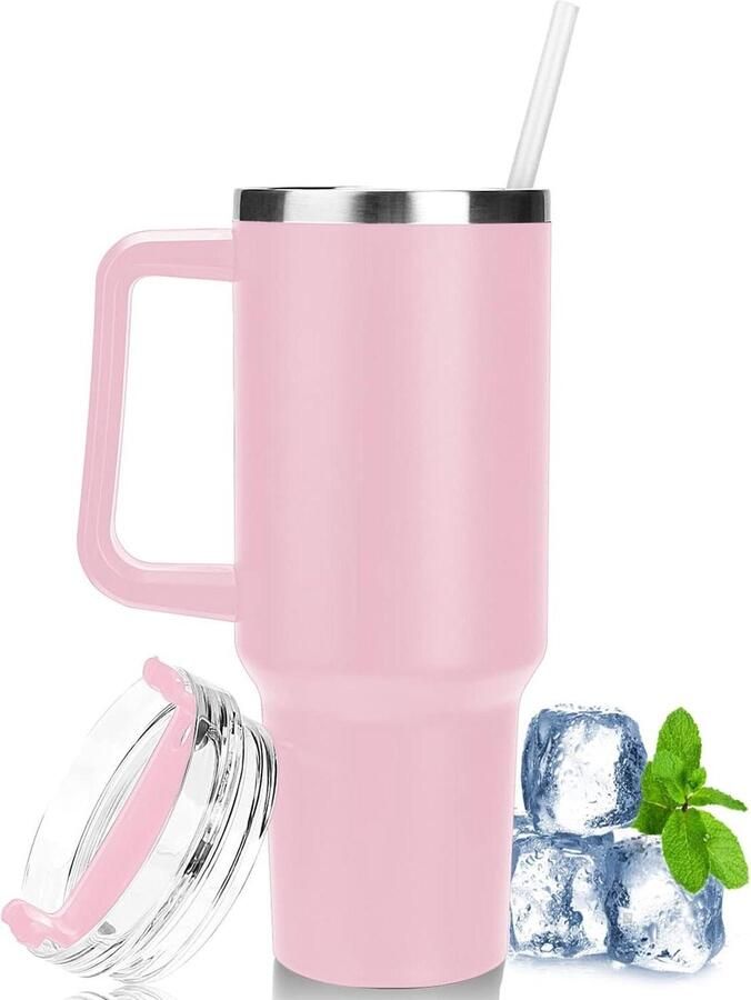 Vacuüm geïsoleerde waterfles grote inhoud en handgreep voor koude en warme dranken roze
