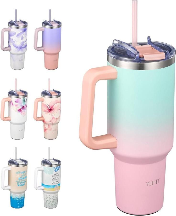 Vacuümgeïsoleerde beker met handvat roestvrijstalen koffiebeker met deksel en rietjes houdt dranken 34 uur koud 12 uur warm voor koud drinken thee ijswater snoeproze
