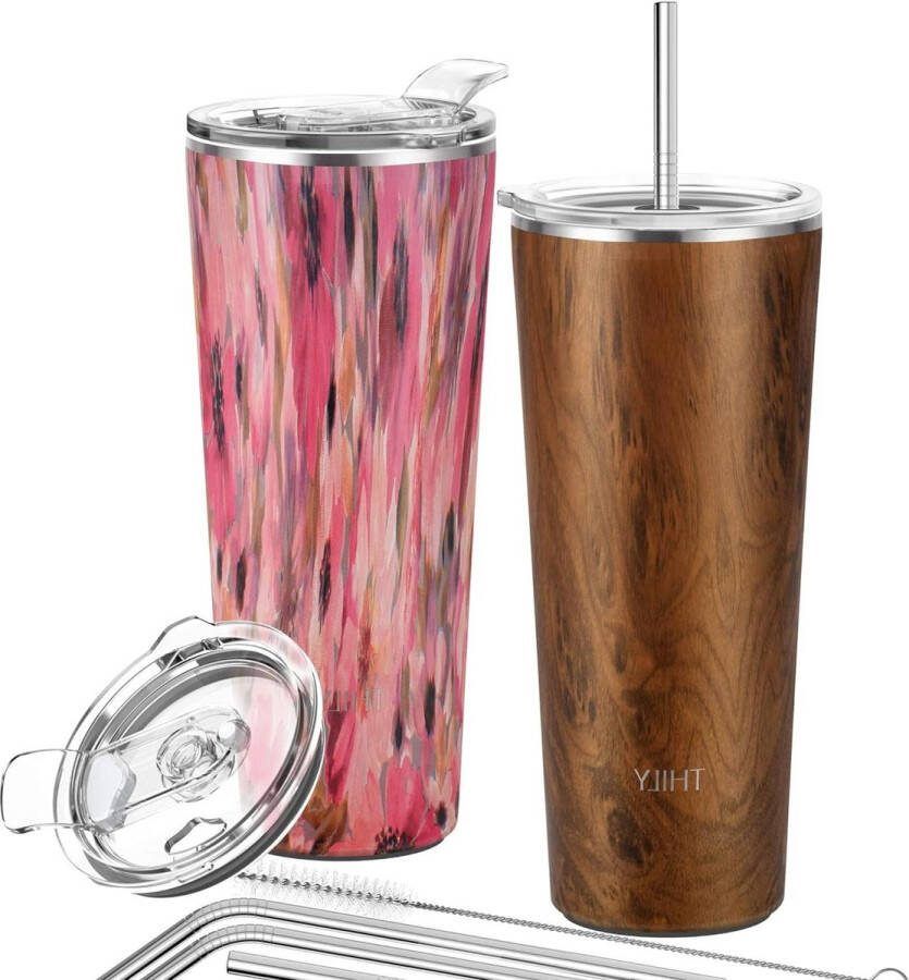 Vacuümgeïsoleerde roestvrijstalen beker 780 ml drievoudig geïsoleerde reisbeker set van 2 ijskoffie en warme dranken houtnerf aquarelbloem