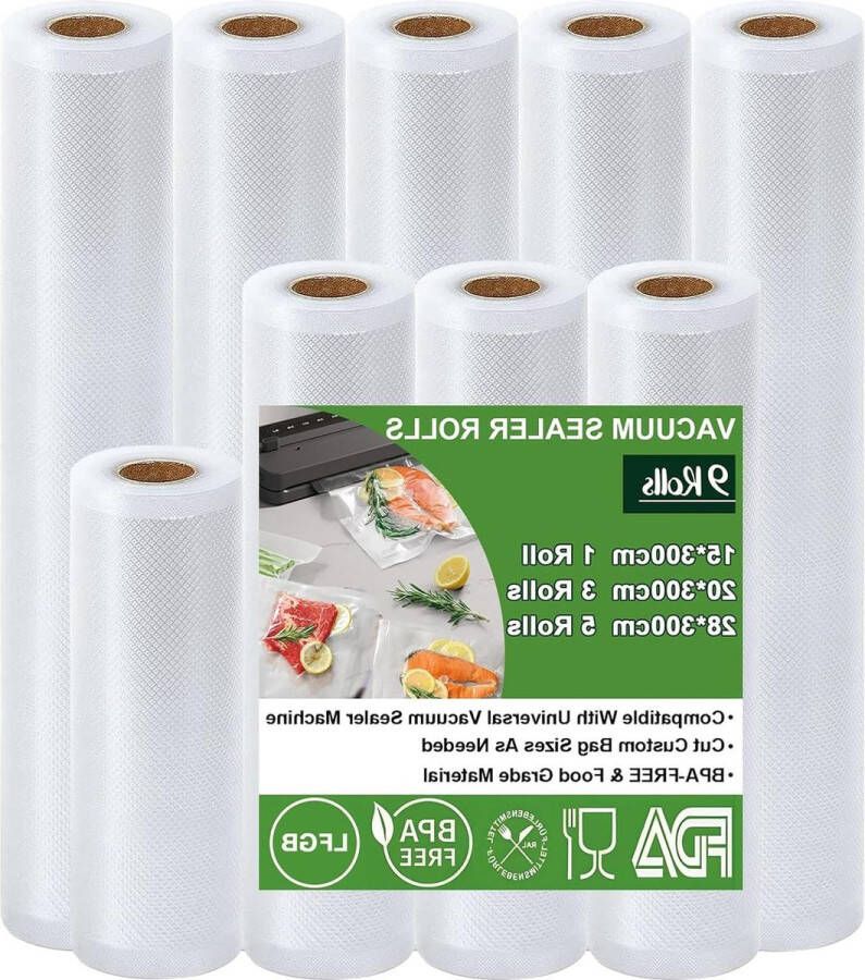 Vacuümzak 9 rollen Vacuümfolie voor voedsel 28-20-15 x 300cm BPA-vrij en scheurvast 150 µm Geschikt voor alle vacumeermachines magnetrons en sous vide