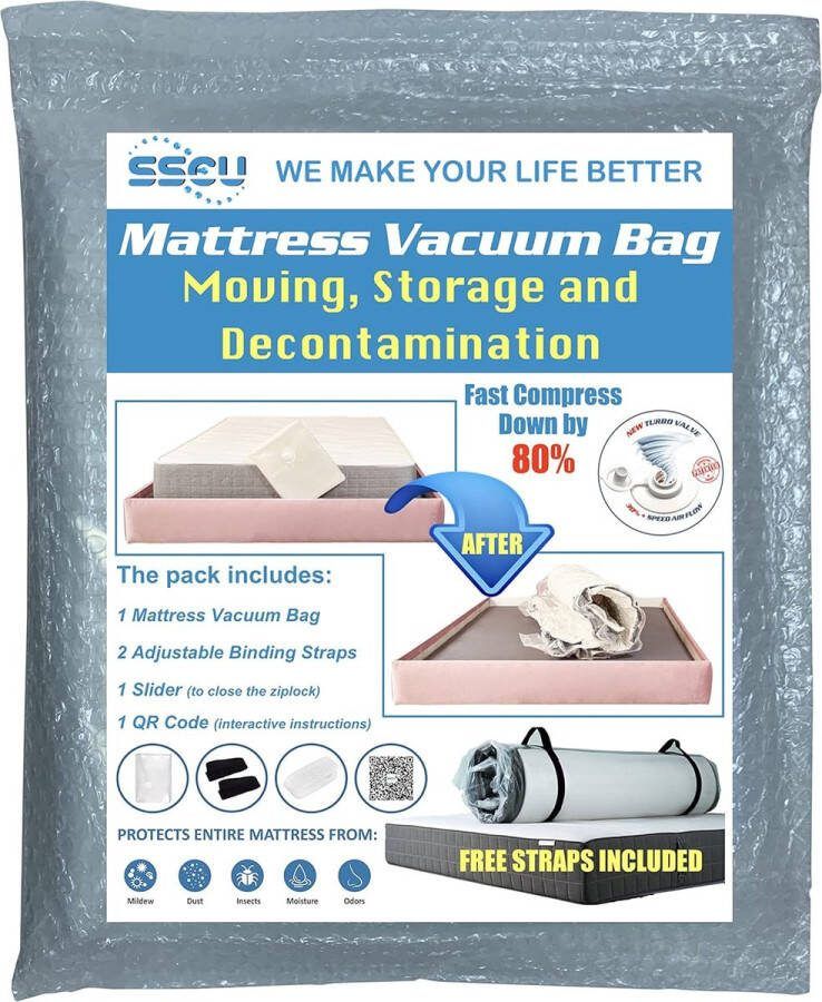 Vacuümzak voor matras met universeel turboventiel. Voor opslag transport verplaatsing en decontaminatie. De afmeting is 240 x 250 cm