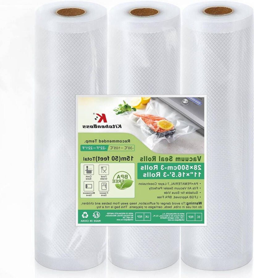Vacuümzakken 28 x 500 cm 3 rollen BPA-vrij levensmiddelen vacuümverpakkers sous vide