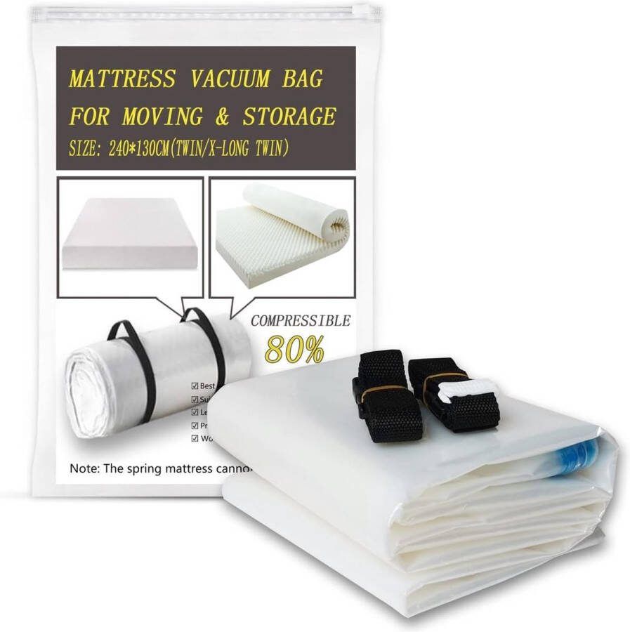 Vacuümzakken voor matrassen matrashoes voor verhuizing opslag van schuimstofmatrassen 80% compressie bevat 2 riemen (afmetingen: 240 x 130 cm)