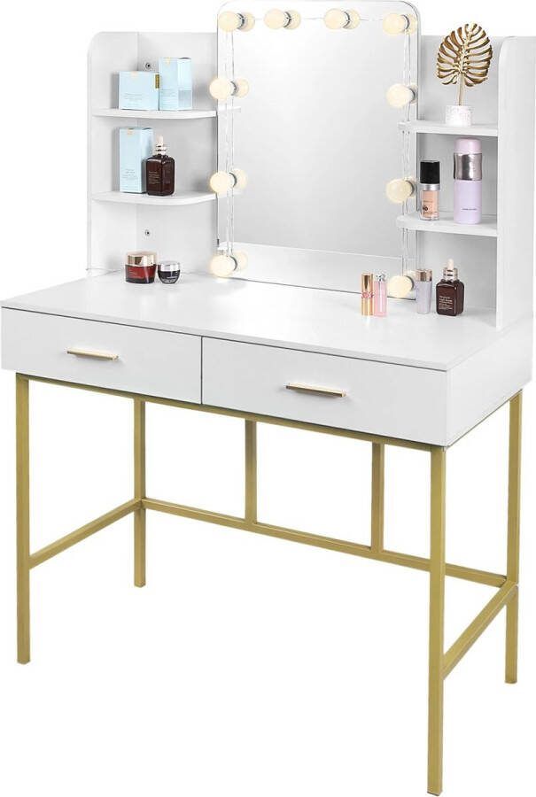 VanBoni Make-up tafel Kaptafel met Spiegel Dressoirs Led Verlichting 2-in-1 ontwerp Witgoud