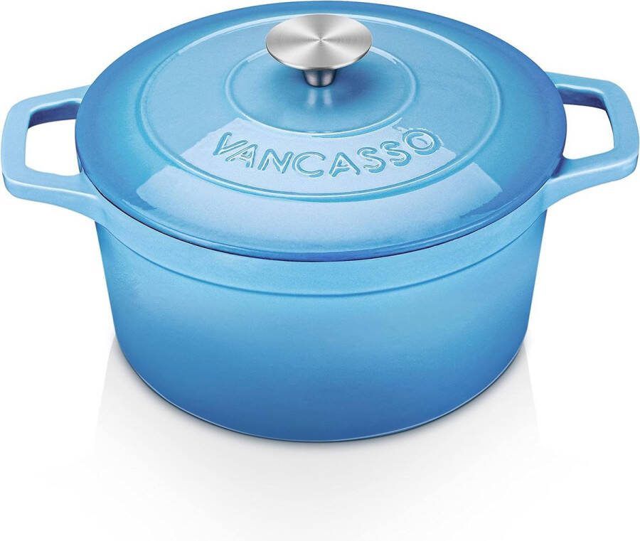 Vancasso Round Cast Iron Casserole with Enamel Coating Dutch Oven with Lid 24 cm Diameter Induction Braising Pan Cast Iron Roaster Suitable for all Types of Hobs Cream-Blue 4 Litres