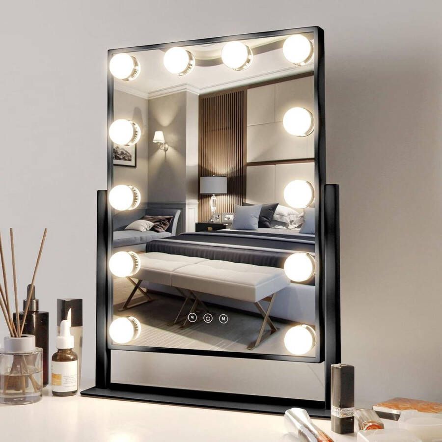 Vanity Spiegel met Verlichting 3 Kleurmodi 360 ° Roterende 12 LED Verlichting Kaptafel Spiegel Zwart