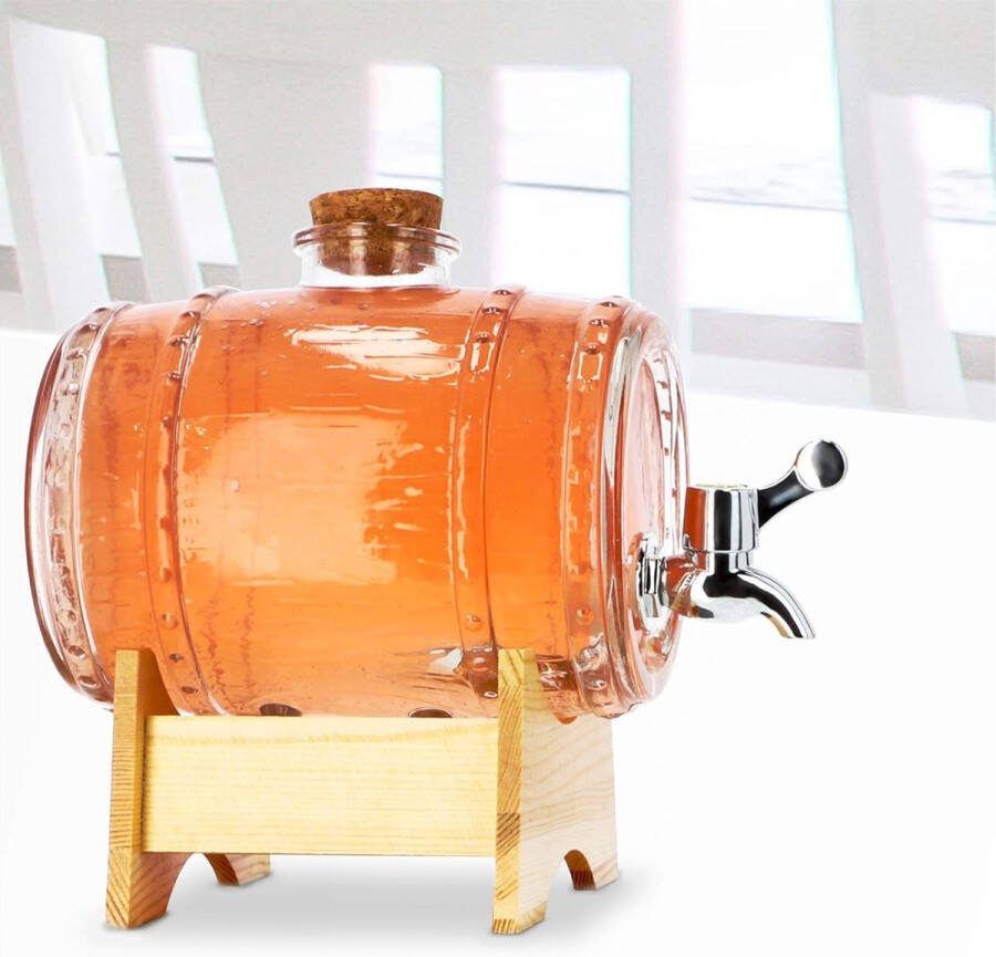 Vat met kraan vatvormige drankdispenser van glas 1-3 liter vat met tapkraan transparante dispenser met houten basis alcoholdispenser ideaal voor whisky brandy sappen limonade (1 5 l)