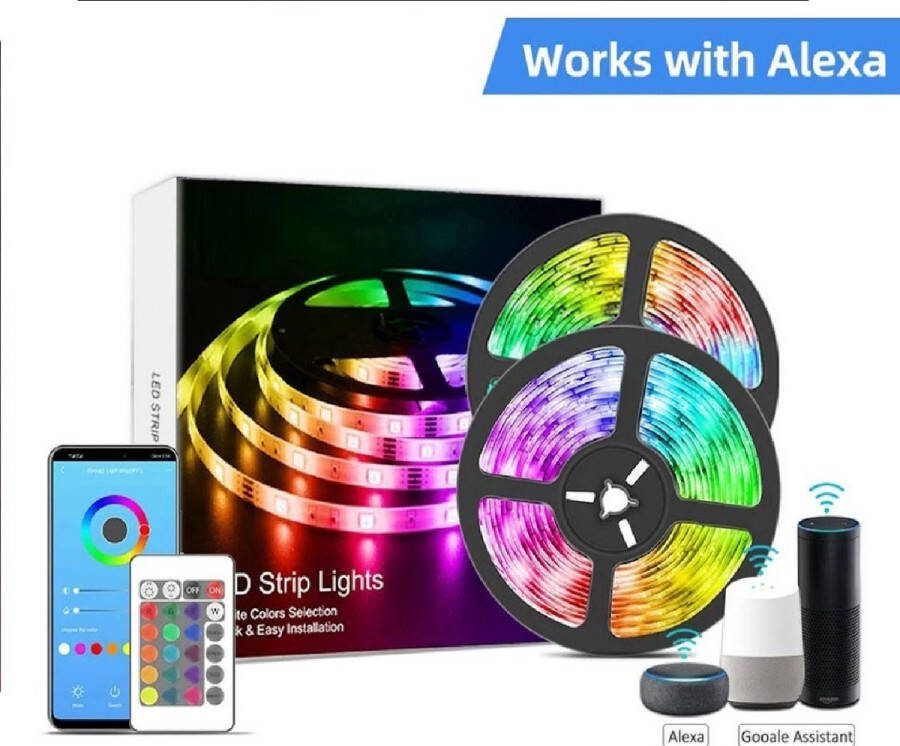 Velox Smart Wifi RGB Led Strip 12m 5050 SMD Flexibel DC 12V Adapter Werkt met Alexa & Google