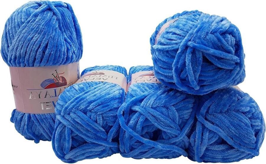 Velvet Micro-polyester breiwol 5 x 100 gram fluweelachtige babywol blauw 90027