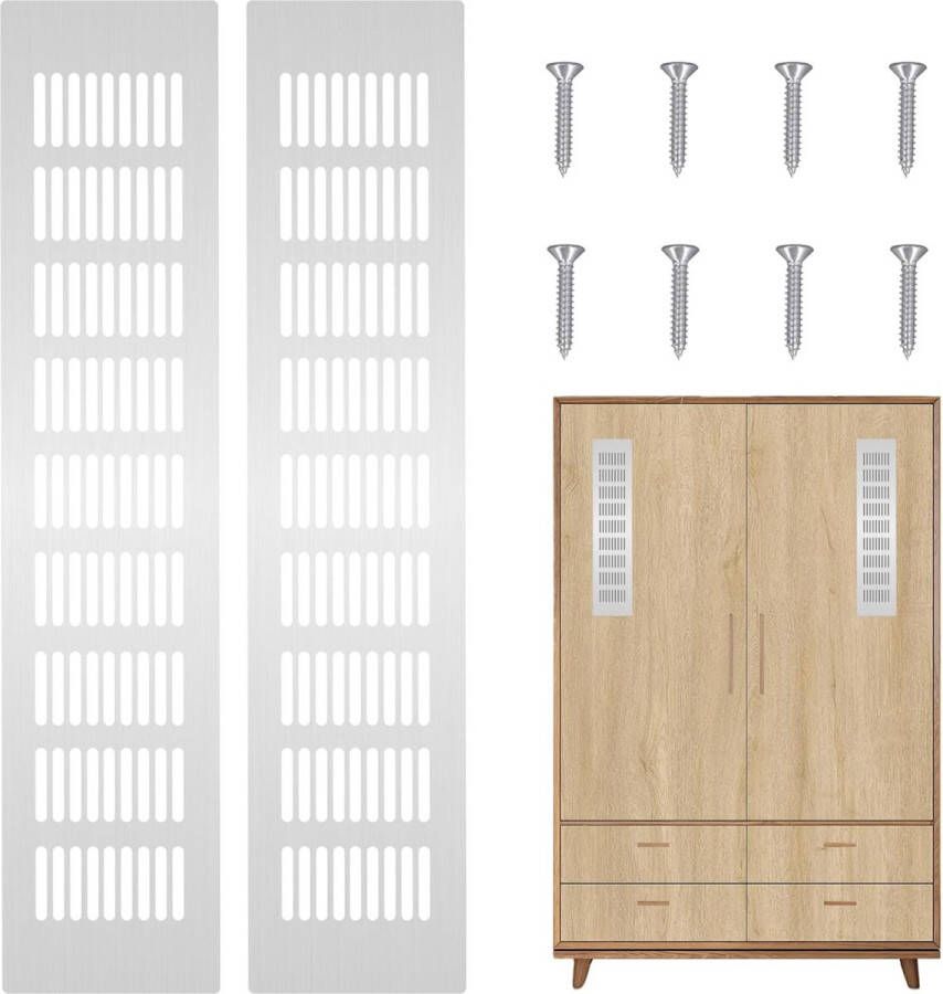 Ventilatierooster 2 stuks aluminium zilverkleurig aluminium rechthoekig 80 x 400 mm voor kasten en keuken meubelrooster deurventilatierooster